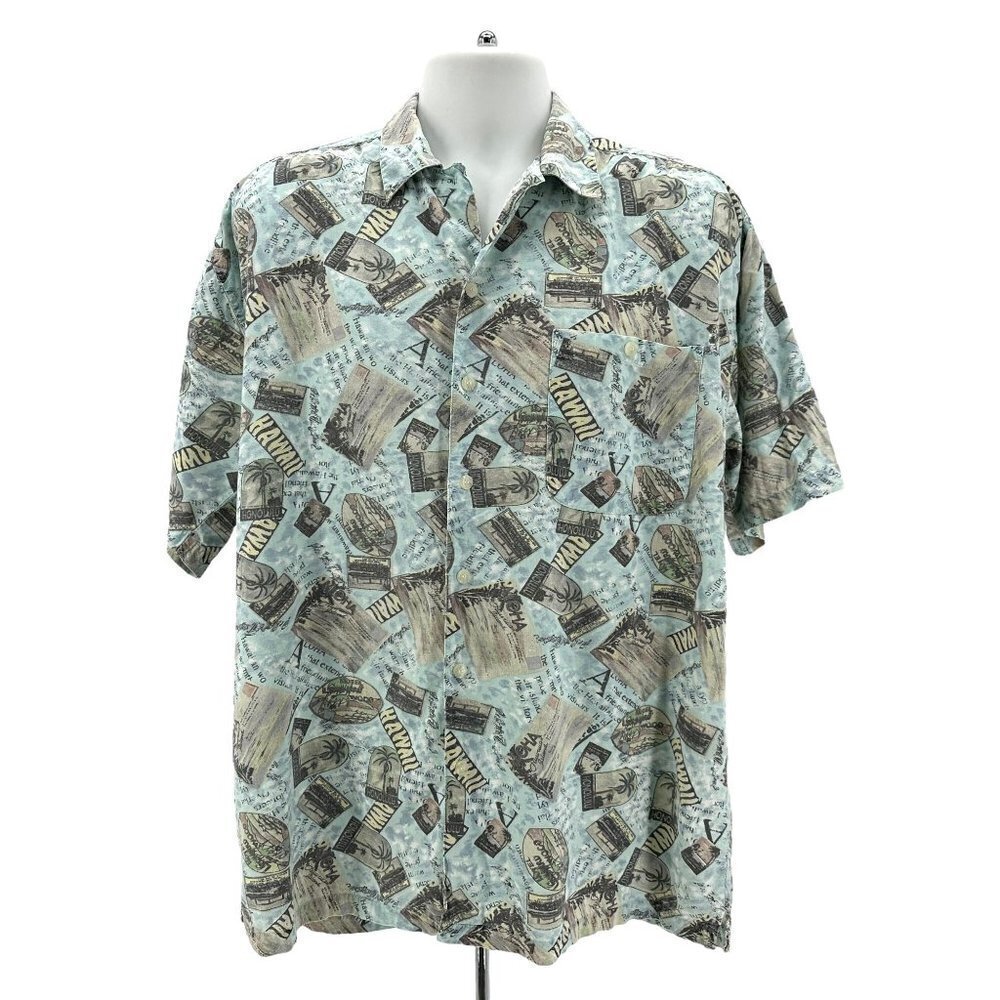 Vintage M.E. Sport Hawaiian Blue Postcard Button Shirt Mens Large
